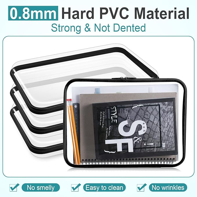 Sanwuta 6 Pcs Clear Hard Zipper Case Hard Plastic Zipper Pouches Transparent Makeup Bag Pencil Pouches for Travel Snacks Christmas Trinket Storage Organizer Box(Black,12.6 x 9 x 2 Inch)