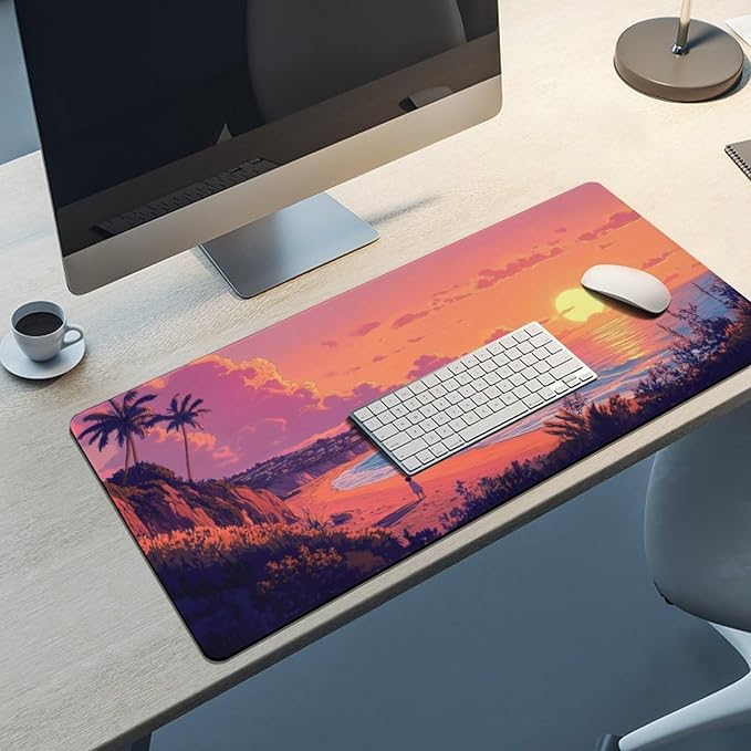 Sunset Beach Large Mouse Pad, Anime Style Gaming Desk Mat, XXL Keyboard Desk Pad Mat for Desktop, 35.4"x15.7" Non-Slip Base Big Mousepad with Stitched Edges