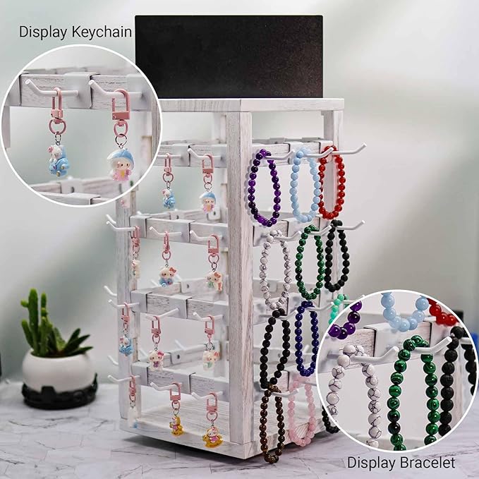 Wooden rotating Jewelry Display Stand with Removable 48 Hooks advertising board, For Earring Cards necklace bracelet Keychain Jewelry Organizer For Selling For vendor events (White)