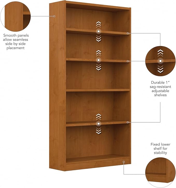 Bush Furniture Universal Tall 5 Shelf Bookcase in Natural Cherry, Vertical Storage and Display Bookshelf for Home Office or Living Room Organization