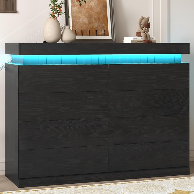 Tall Black 8 Dresser for Bedroom, Sliding Top Storage Space, Modern Wood Drawers with LED Light and Power Outlet, Large Chest of Drawer for Living Room, Hallway, Entryway (8 Drawers,Black)