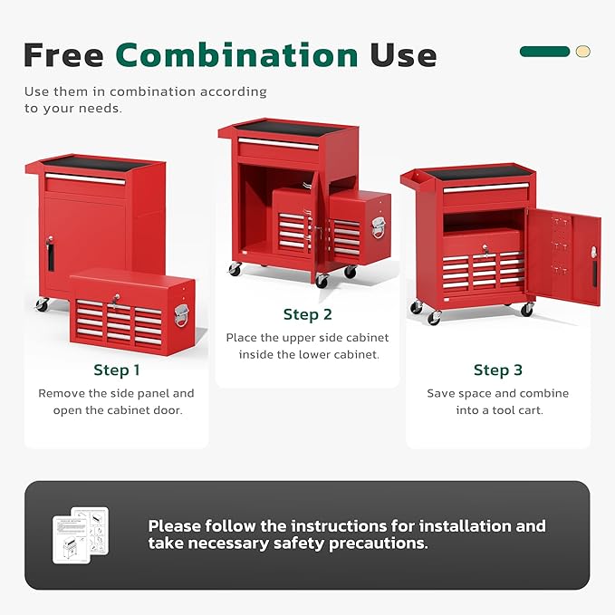 Greenvelly Tool Chest, 5-Drawer Rolling Tool Chest with Hooks and Lockable Wheels,Metal Storage Detachable Top Tool Box with Lockable Wheels for Garage,Workshop,Art Studio(Red)