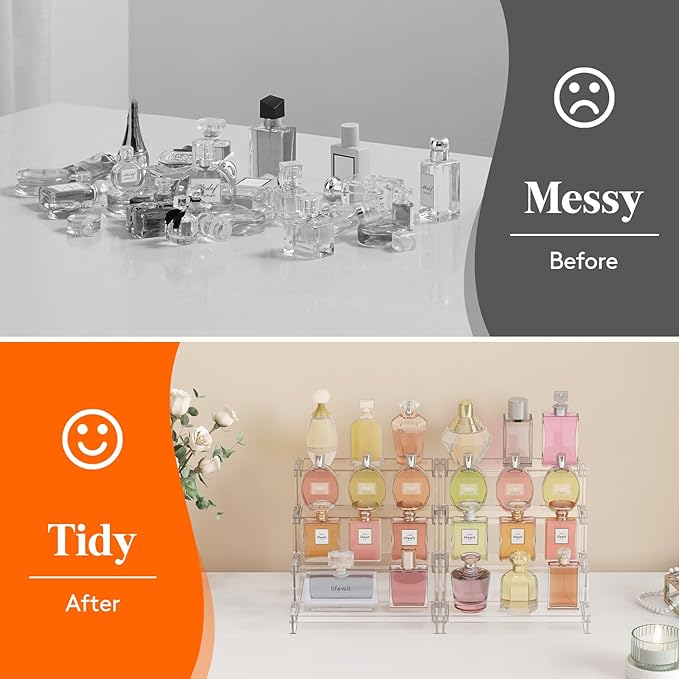 Lifewit 4 Tier Perfume Stand Organizer for Women, Plastic Display Riser, Tool-Free Assembly, Fragrance Makeup Cosmetics Shelf for Vanity Bedroom Bathroom Storage Organization, Clear, 9 Inch, 2 Pcs