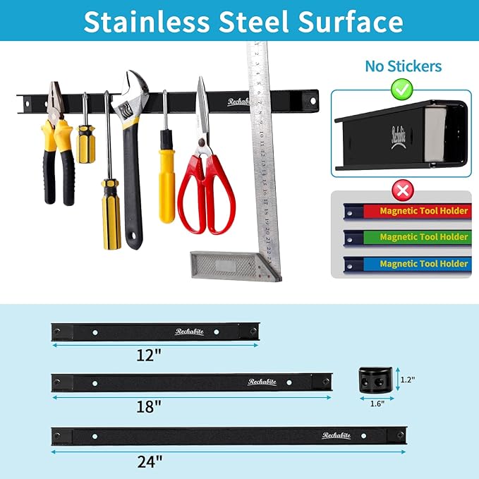 4 Pieces 12" Magnetic Tool Holder Strip, Black Magnet Bar, Metal Tool Organizer Rack for Garage Organization, Easy To Install in Workshop, Mounting Screws Included