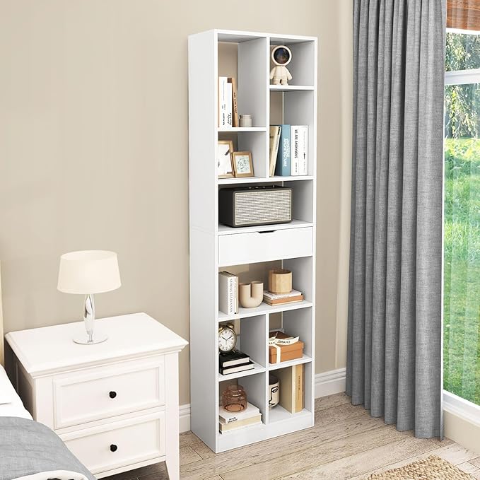 Giantex 71" Bookcase with Drawer, Tall Freestanding Bookshelf with 10 Open Cubes, Floor Display Shelving Unit, Modern Storage Organizer for Living Room, Bedroom, Study, White
