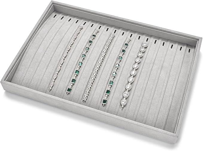 18Slots Necklace Braclet Tray Velvet Jewelry Trays Microfiber Jewelry Drawer Organizer for Necklace, Bracelets,Watch Storage Display (Grey)
