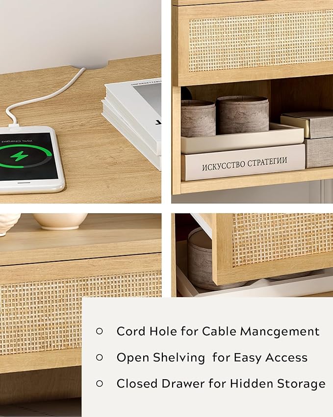 Rattan Floating TV Stands Set of 4, Wall Mounted Nightstands with Drawer and Open Compartment Modern Wood Bedside Night Stand Storage Cabinet for Living Room Bedroom, Natural Oak