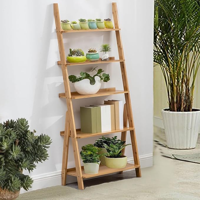 DOUSY- 5-Tier Bamboo Ladder Shelf Ladder Bookshelf Plant & Flower Stand Bookcase, Freestanding Storage Rack Organizer Display Shelf for Living Room, Home Office, Bedroom, Balcony, Natural Wood