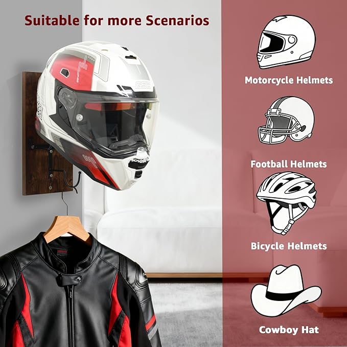 Wooden Motorcycle Helmet Holder, Wall Mount Helmet Rack with Metal Hook, Motorcycle Helmet Hanger Easy Storage for Helmets, Caps, Sportswear, Hats, Coats & Motorcycle Gear