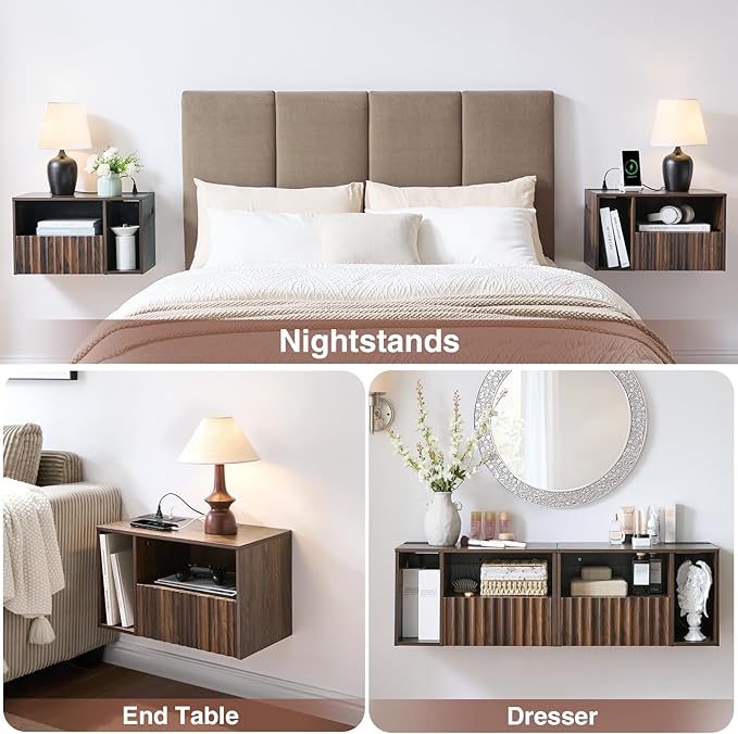 Modern Walnut Fluted Floating Nightstand with Charging Station, NightStand with Drawers, Bedside with USB Ports and Outlets, Bedroom Furniture (Left)
