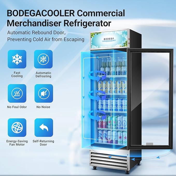 BODEGACOOLER Commercial Merchandiser Refrigerator, 9 Cu.Ft Glass Door Beverage Refrigerator, Upright Beverage Display Cooler with Soft LED Light, Adjustable Shelves, 4 Strong Castors(Stainless Steel)