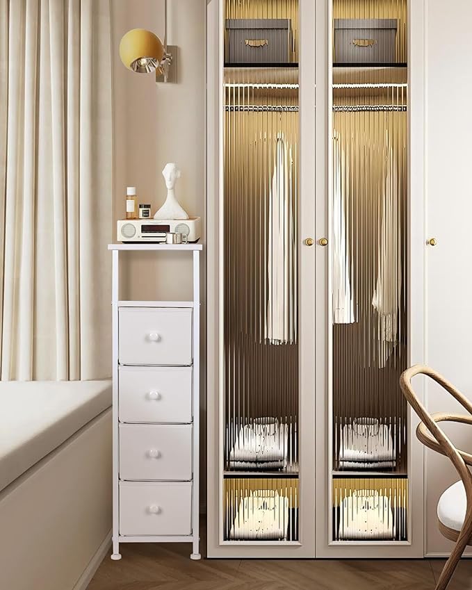 Narrow Dresser for Bedroom, Fabric Tall Dresser & Chests of Drawers with 4 Drawers, Vertical Organizer Storage Tower Unit for Bedroom, Hallway, Entryway White