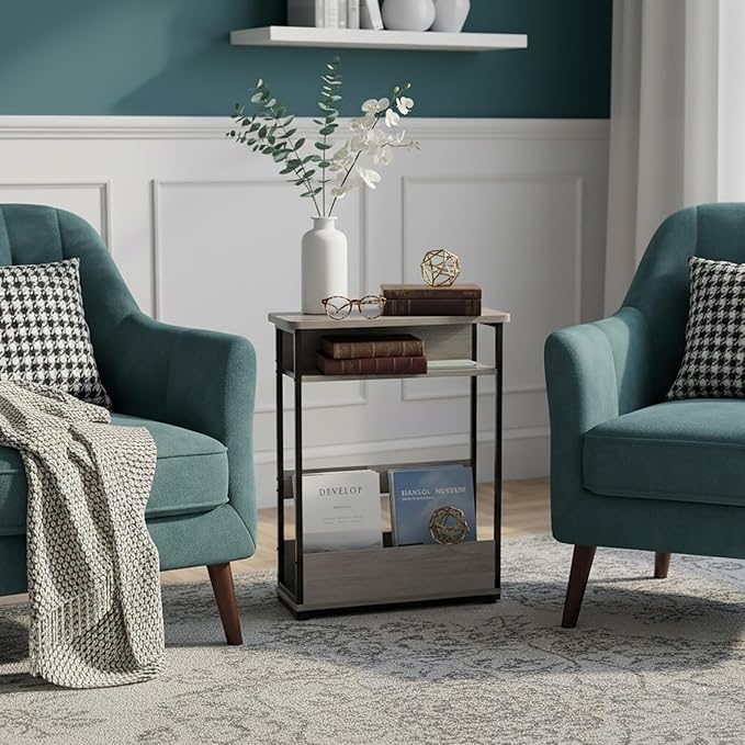 Narrow Side Table,3-Tier Slim End Table with Storage Shelf,Modern Sofa Table Thin Side Table for Narrow and Small Spaces, Skinny Bedside Table Small Nightstand with Magazine Rack Space Saving/Oak