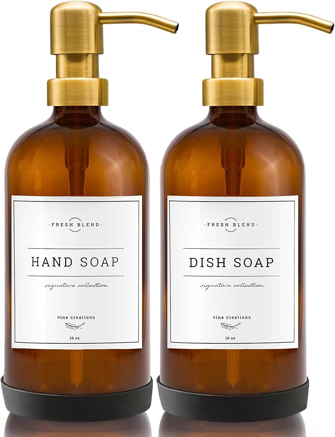 Vine Creations Amber Glass Soap Dispenser, 2 Pack Kitchen Soap Dispenser Set with Stainless Steel Pump, 16 oz Dish Soap and Hand Soap Dispensers for Bathroom with Waterproof Labels