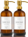 Vine Creations Amber Glass Soap Dispenser, 2 Pack Kitchen Soap Dispenser Set with Stainless Steel Pump, 16 oz Dish Soap and Hand Soap Dispensers for Bathroom with Waterproof Labels