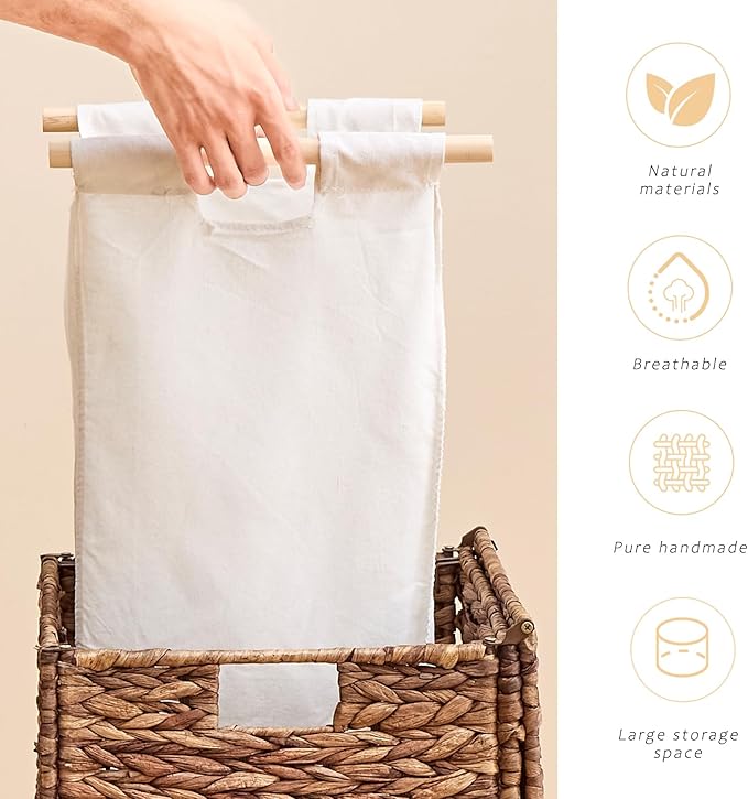 Large Laundry Hamper with Lid, Handwoven Hyacinth Rattan Clothes Hamper with Removable Liner Bag, Heightened Feet Wicker Laundry Basket for Bathroom, Bedroom, Living Room and Laundry