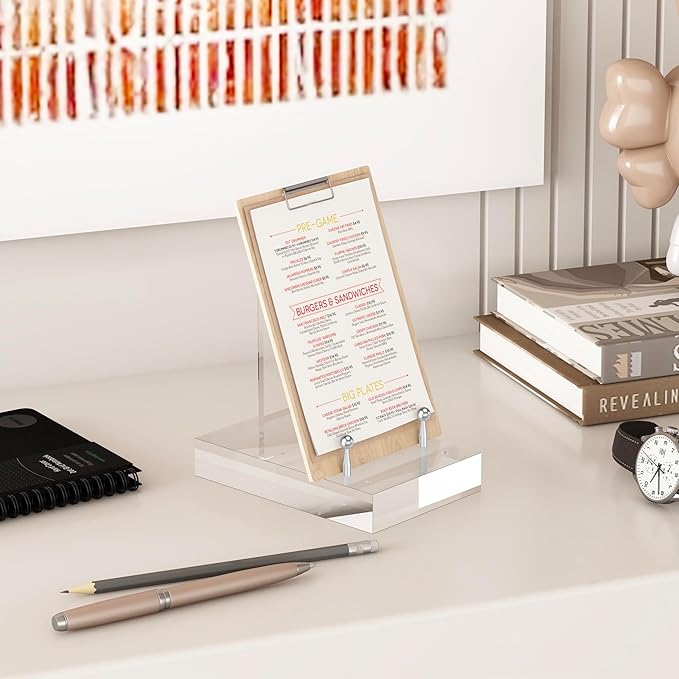 Acrylic Easel Display Stand with Adjustable Silver-Toned Hardware for Pictures, Crystal Clear Acrylic Stand with Floating Appearance for Cookbook, Invitation and Plates, 2-Packs