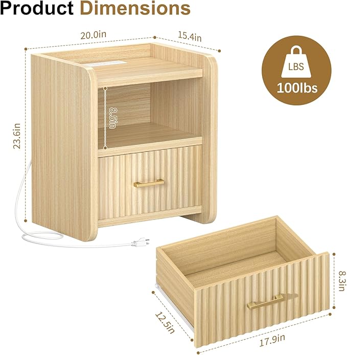 Night Stand with Charger Station, Fluted Wood Nightstand with Drawer Storage, Modern Bedside Table, Wide Nightstands for Bedroom, Mid Century Wooden Night Stands for Home Office Sofa Couch