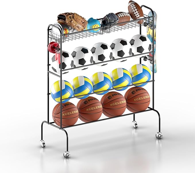 Ball Storage - Basketball Cart With Wheels Garage Volleyball Storage Sport Equipment Holder Organizer For Indoor Outdoor,Metal Storage Rack For Playgroup,Gym And School