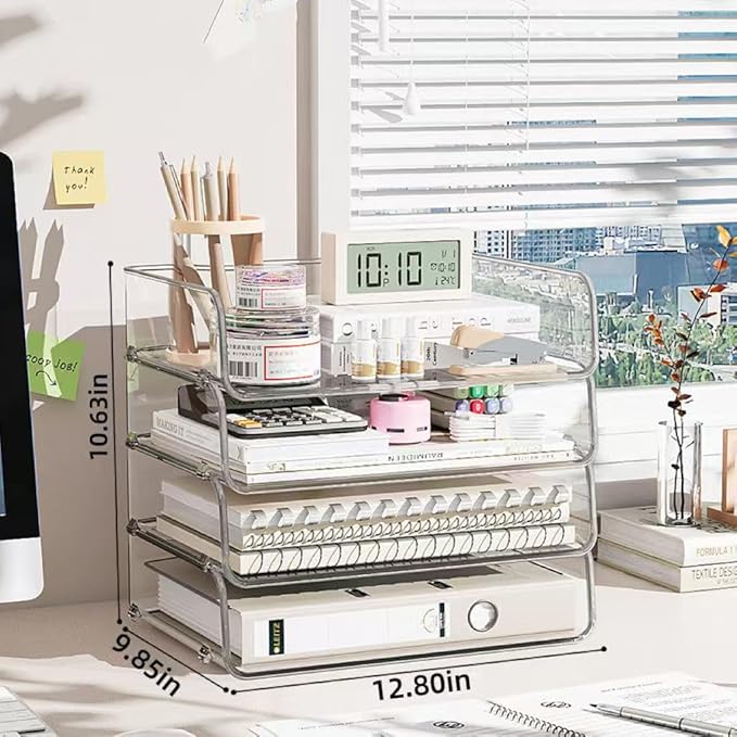 4-Tier Transparent Desktop Organizer with Stackable A4 Document Trays,Ideal for Organizing Desk Accessories,Sticky Notes,and Pens