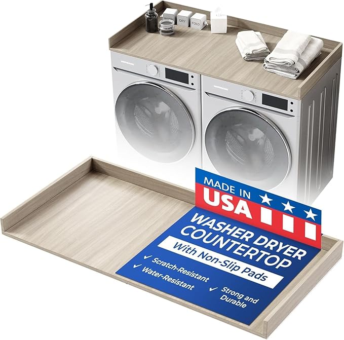 OfficeSimpli Washer Dryer Countertop, Made in USA, Non-Slip Pads, Easy Clean, Laundry Room Essentials and Decor, Washer Dryer Wood Top for Organization (Rustic Oak, Standard (27.5" x 54"))