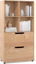 Giantex Bookshelf with 4 Cubes & 2 Drawers, 51” Tall Floor Bookcase with Anti-tip Kits, Freestanding Display Rack Storage Organizer for Study, Living Room, Home Office (1, Natural)
