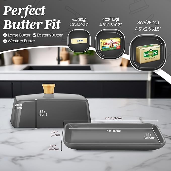 Flexzion Ceramic Gray European Butter Dish with Lid for Countertop (8 Inch) - Wide 2 Stick Double Butter Holder for Counter, Cream Cheese Container Storage Keeper