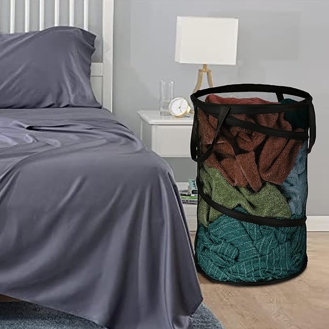 BATTOO Black X-Large Collapsible Laundry Basket Foldable Mesh Pop Up Hamper with Handles for Laundry Room, Bathroom, Kids Room, College Dorm, Travel, Camping, Gift Basket