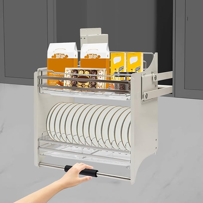 DYRABREST Pull Down Cabinet Organizer, Stainless Steel 2-Tier Pull-Out Kitchen Cabinet Storage Shelf with Buffered Motion, Heavy Duty Lift System for Plates Spices Dishes