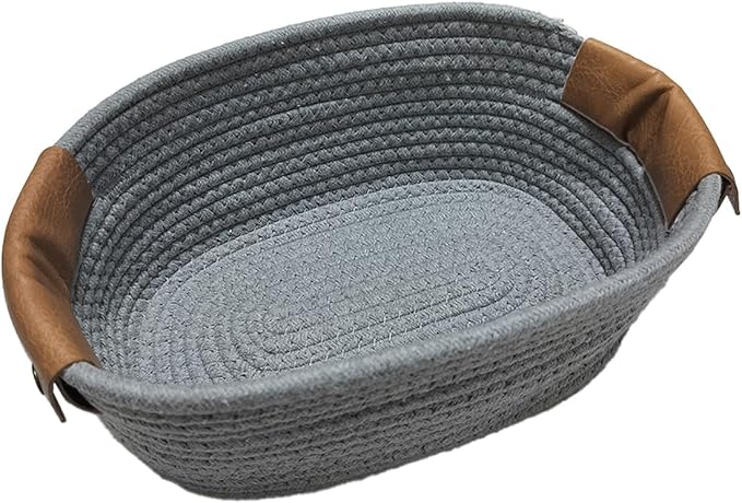 Small Cotton Woven Basket with PU Leather Handle, Baby Kids Clothes Toys Candy Gifts Cotton Rope Organizer, Living Room Basket Bathroom Shower Storage Laundry Basket, Dog Cat Bed, Cute Decor, Gray
