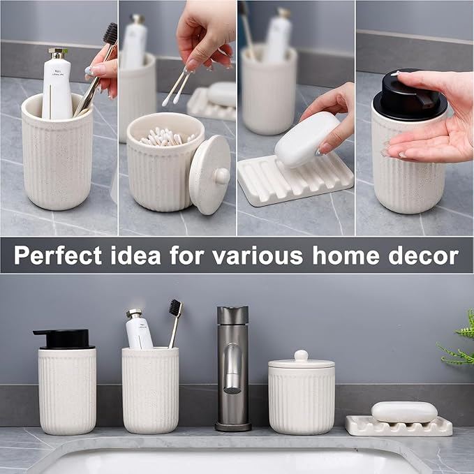 BosilunLife Beige Bathroom Accessories Set - Ceramic Bathroom Counter Soap Set Bathroom Decor Sets Accessories Bathroom Lotion Soap Dispenser and Toothbrush Holder Set, Soap Dish, Apothecary Jars
