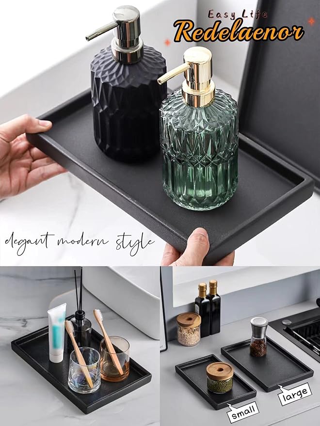 Ceramic Bathroom Sink Tray, Black Graininess Vanity Tray Decor Perfume Trays for Dresser Holder for Jewelry Candle Soap Plant Towel Cosmetic Organizer Rectangle Large