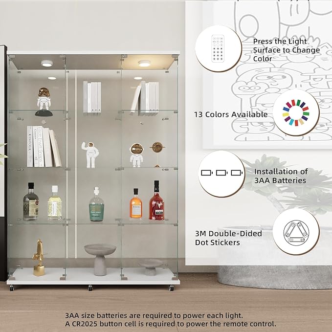 Beauty4U Glass Display Cabinet with LED Lights, Extra Large 3 Columns 2 Doors Curio Cabinets with 12 Shelves for Living Room, Bedroom, Office, White Floor Standing DIY Glass Bookshelf