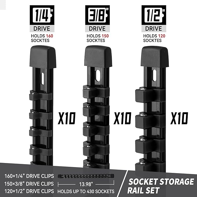 Socket Organizer Drive ABS Tools - Black Socket Holder, Premium Quality 30 Pieces Socket Holders Kit 1/4-Inch x 160 Clips, 3/8-Inch x 150 Clips, 1/2-Inch x 120 Clips（30PC,Black)