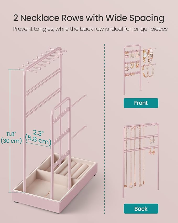 SONGMICS Jewelry Holder, Jewelry Organizer, Jewelry Display Stand with Metal Frame, Velvet Tray, Necklace Earring Bracelet Holder, for Studs, Rings, Christmas Gift, Jelly Pink UJJS021R01