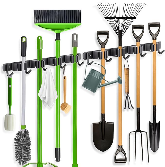 ZONGOOL 2 Pack Broom Holder Wall Mount, 4 Racks and 5 Hooks Mop Hanger Wall Mount Broom Organizer Stainless Steel Heavy Duty Garage Tool Racks for Home Kitchen Garden Laundry (Black)