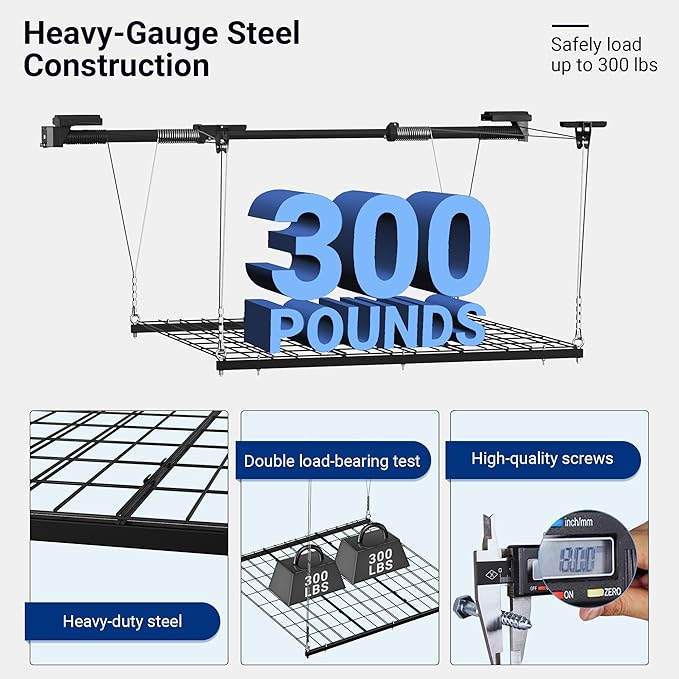 FLEXIMOUNTS Garage Lifting Metal Rack, 4x4 Ft Overhead Garage Storage Racks, Adjustable Heavy-Duty Ceiling Organization System, 300lbs Weight, Satin Black