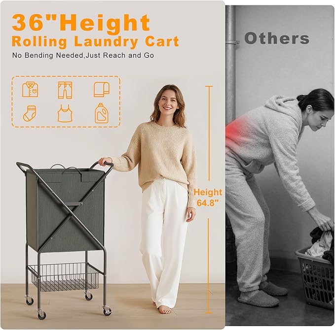 Laundry Basket with Wheels:88L Rolling Laundry Cart Foldable Metal Frame Dirty Clothes Laundry Hamper 36"H 4 Caster 2 Brake Waterproof Removable Liner Carry Handle for Dorm Laundry Room,Gray