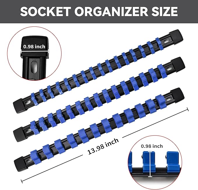 Socket Organizer Drive ABS Tools - Blue Socket Holder, Premium Quality 18 Pieces Socket Holders Kit 1/4-Inch x 96 Clips, 3/8-Inch x 90 Clips, 1/2-Inch x 72 Clips（18PC,Blue)