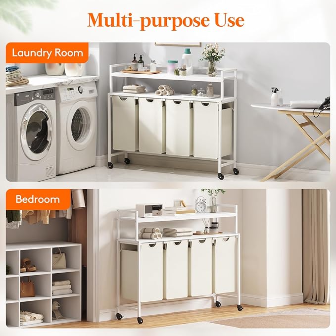 Lifewit Laundry Hamper 4 Section, 168L Pull out Laundry Clothes Basket Organizer with Large Top Shelf and 4 Removable Bags and Handles for Laundry Room Bedroom Bathroom, White with Shelves and Wheels