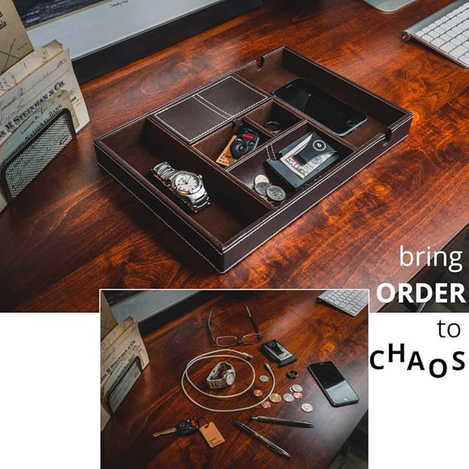 ULTRAY Nightstand Organizer, Valet Tray for Men and Women, EDC Tray, Dresser Top Catchall, Dark Brown Faux Leather, 6 Compartments
