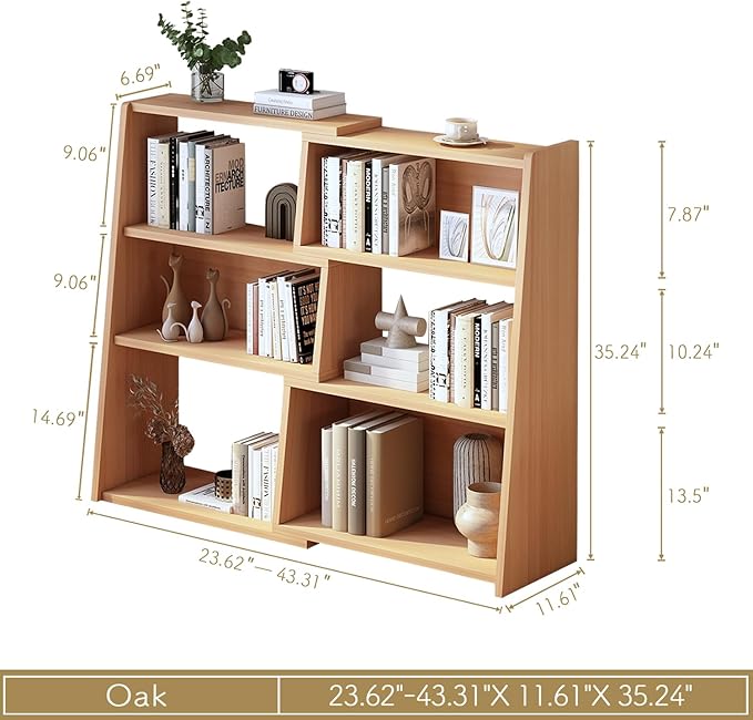 IOTXY Wooden Extendable Shelf Bookcase - 3-Tier Ladder Low Short Bookshelf for Small Space or Corner, Oak, S