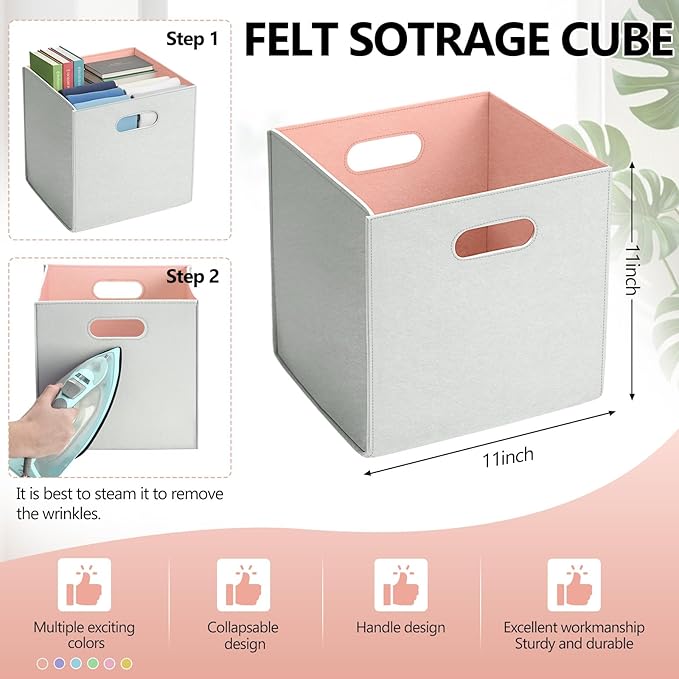 6 Pcs 11 Inch Colorful Felt Storage Cubes with Handle, Collapsible Fabric Storage Cubes Toy Bins Foldable Baskets for Nursery, Playroom, Kids Room, Toys, Books, Clothes(Gray-macaron)