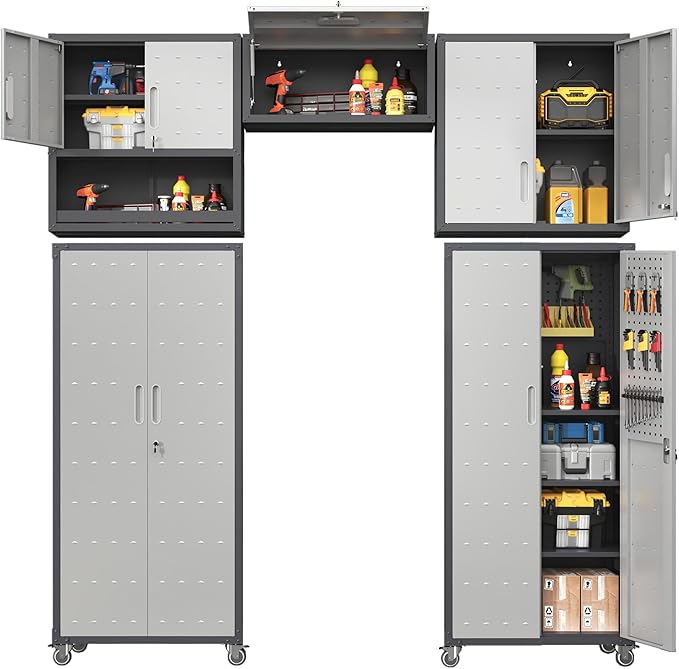 Metal Tool Cabinet,Garage Storage Cabinet System,Wall Cabinet & Locking Rolling Tool Cabinet with Doors and Adjustable Shelves,Steel Tool Cabinets for Home (5 Pcs-StyleA, Black & Grey)