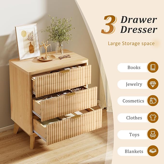 LYNCOHOME Fluted Night Stand with 3 Drawers, Modern Wood Chest of Bedside Table with Curved Profile, Fluted Dresser Organizer for Bedroom