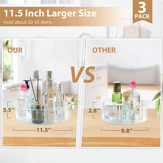 GUZON 3 Pack Lazy Susan Organizer for Cabinet, Upgraded 11.5" Clear Lazy Susan Turntable with Handles and Raised Edge, Rotating Spice Storage for Kitchen, Pantry, Refrigerator, Bathroom, Table