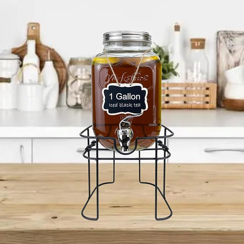 1 Gallon Glass Drink Dispenser for Parties, 1PCS Juice Lemonade Ice Tea Water Dispenser with Stand, HENABLE Beverage Dispensers with Spigot for BBQ, Picnic, Party