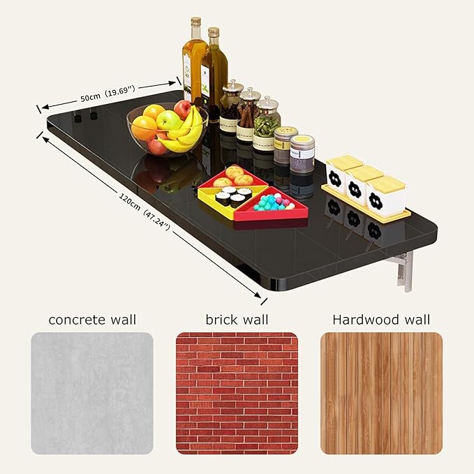 Wall Mounted Folding Wood Table, Folding Table with Heavy Duty Metal for Laundry Collapsible Shelf Brackets, Wall Mounted Desk Fold Down for Small Spaces Black 120 * 50cm/47.2”*19.7”
