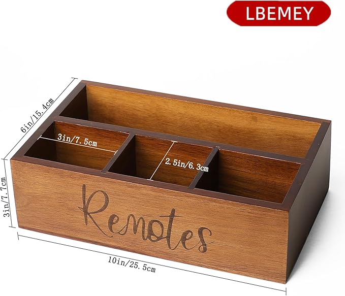 Acacia Wood Remote Control Holder Caddy, TV Organizer for Table, Vintage Farmhouse Desk Caddy (Brown-for 6+ Controls)