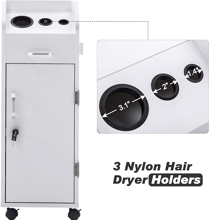 BarberPub Beauty Salon Trolley Storage Cart Hair Dryer Holder Stylist Equipment with Lockable Rolling Wheels, Drawer (White)